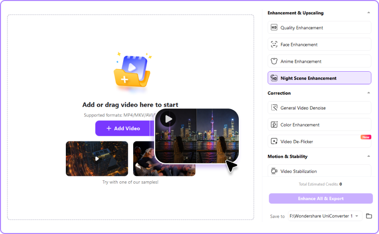 Selecting a low-light enhancement option and previewing a dark video