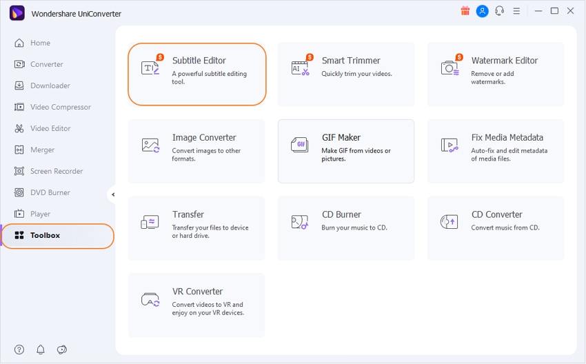 choose Subtitle section in Wondershare UniConverter