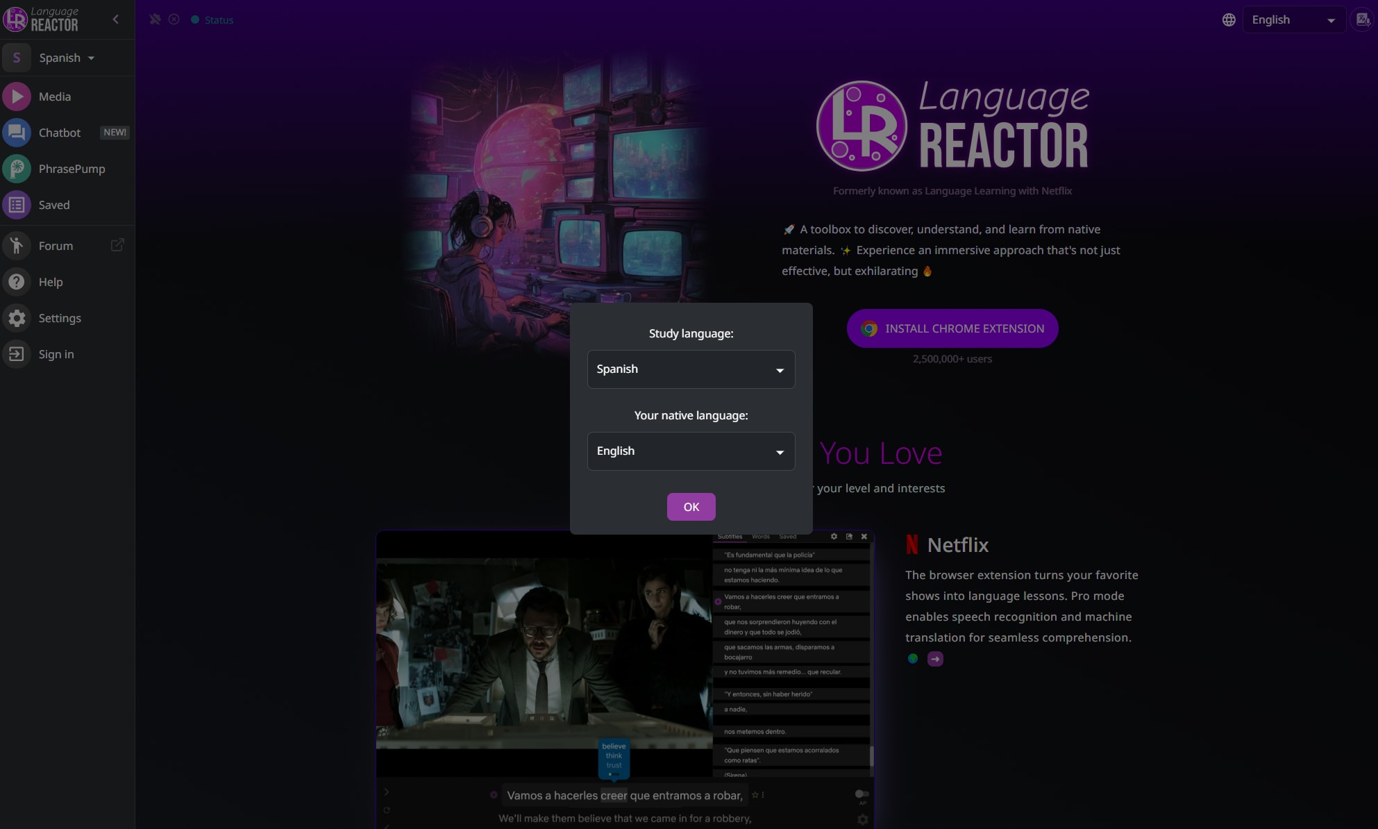 Language Reactor browser extension interface showing dual subtitles