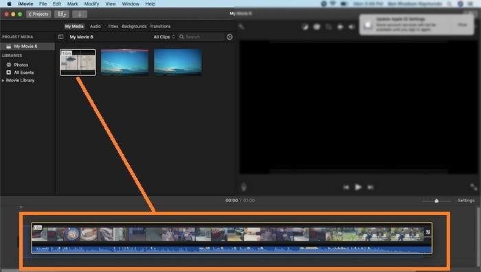 drag the video and audio file to the iMovie timeline