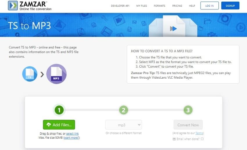 Convert TS to MP3 with Zamzar