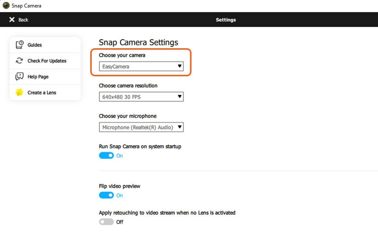 select the camera setting for snap camera