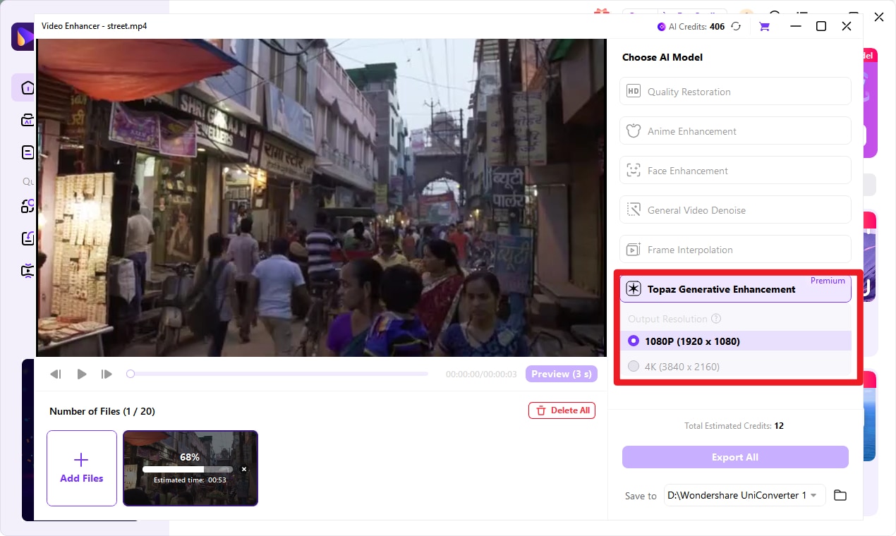 Select AI Video Enhancer Model Uniconverter