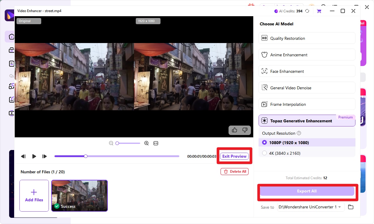 Select AI Video Enhancer Model Uniconverter