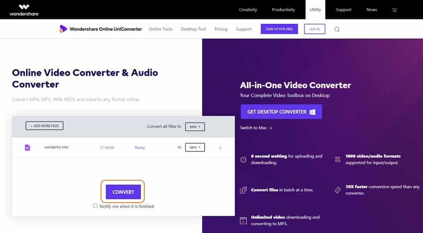 convert MKV to MP4 with subtitle by Online Uniconverter