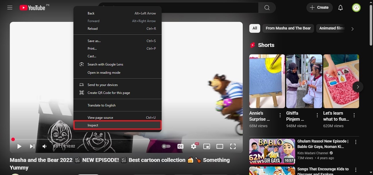 right-click youtube page pick inspect