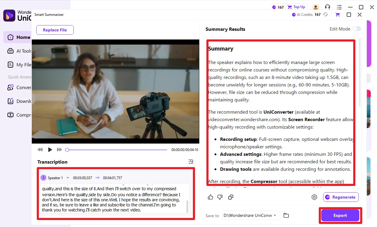 wondershare uniconverter ai summary tool