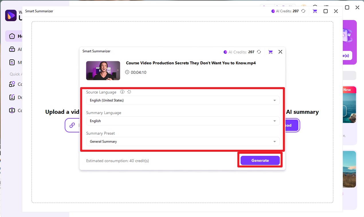 wondershare uniconverter ai summary tool