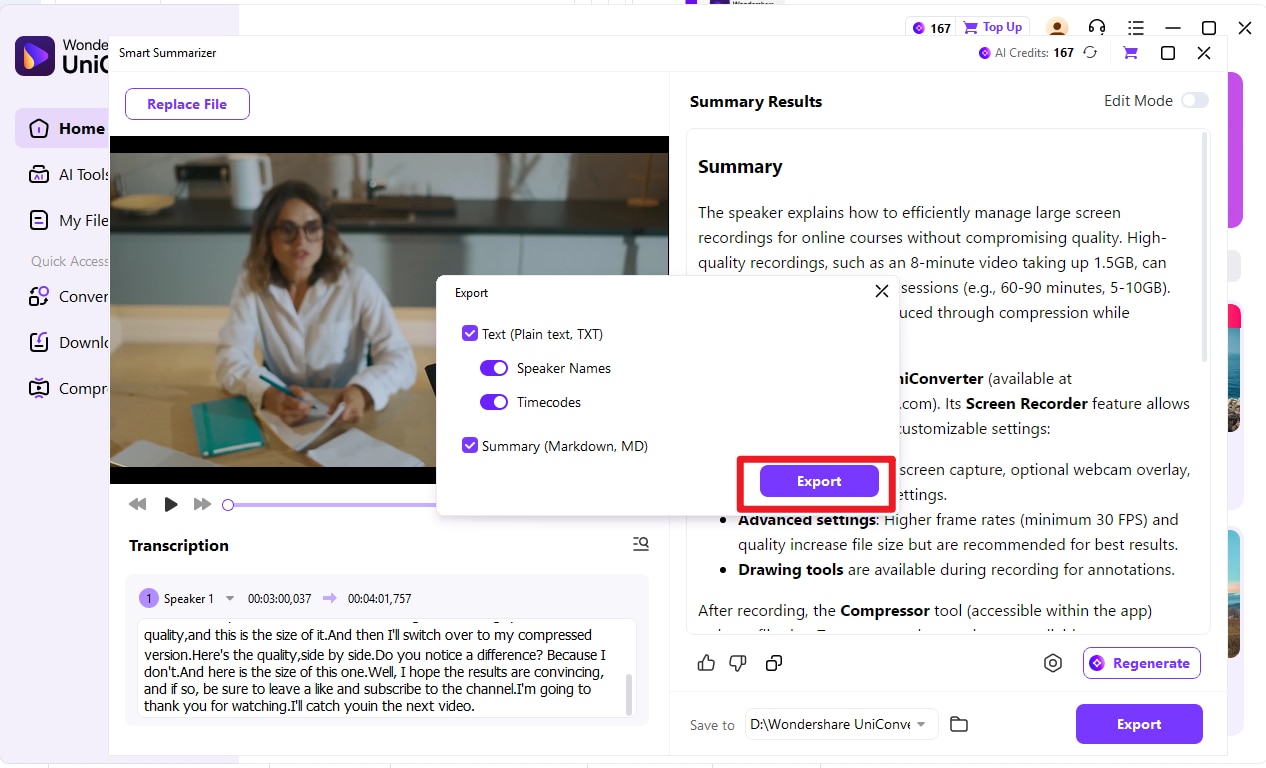 wondershare uniconverter ai summary tool