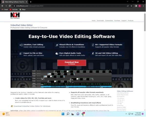 Página inicial do website do Videopad