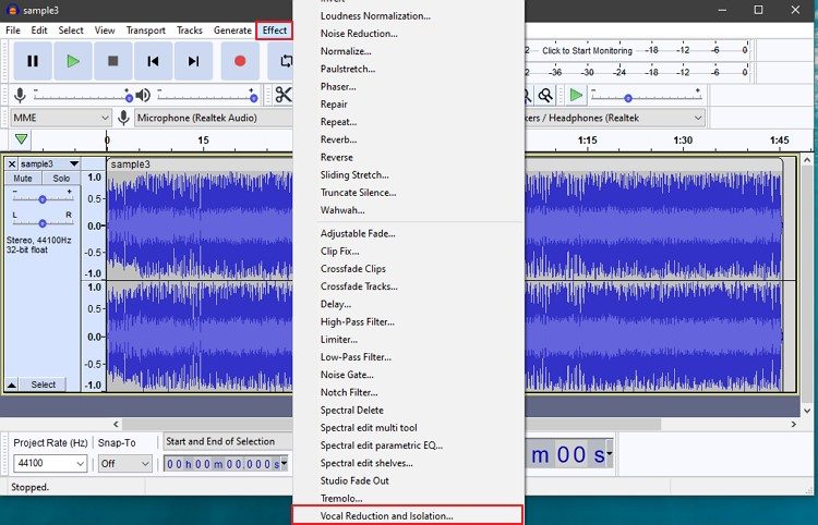 how to remove vocal with audacity