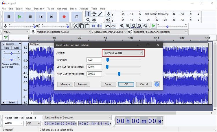 how to remove vocals from a song audacity