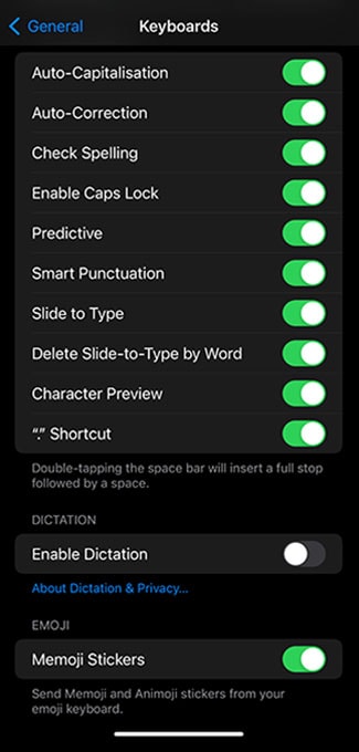 activate the enable dictation option