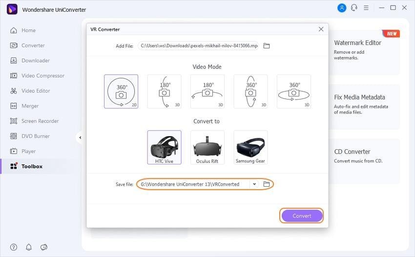 start to convert MP4 to VR by Wondershare UniConverter