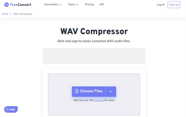 freeconvert.com wav compressor website interface