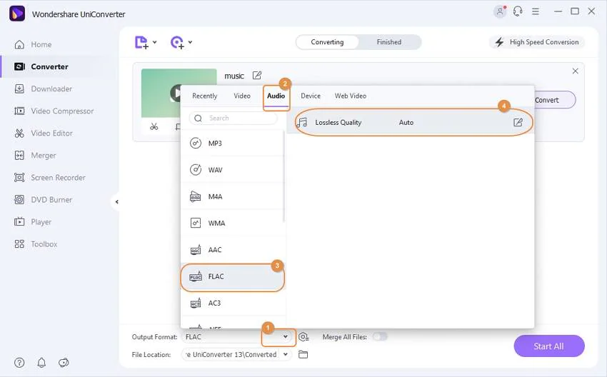 Select FLAC as output format in UniConverter