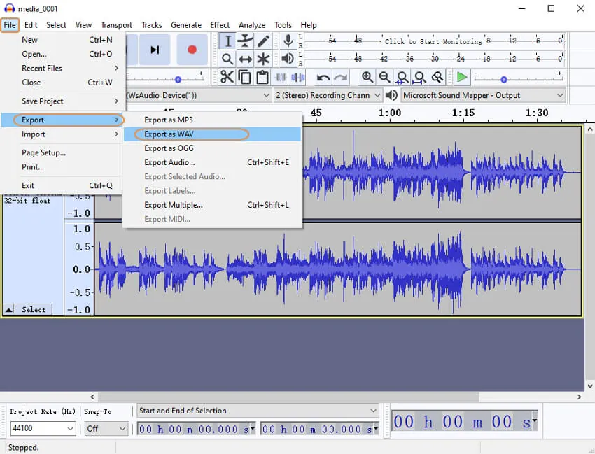 Convertir M4A a WAV en Audacity