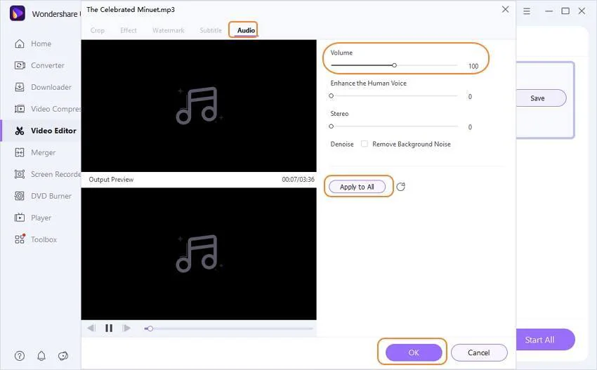 Aplicar Aumento de volume WAV no UniConverter