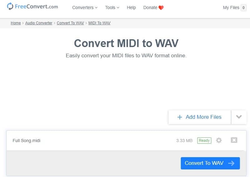 Le convertisseur FreeConvert MIDI to WAV 
