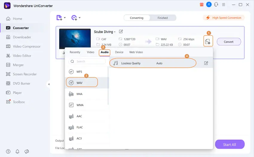 Choose WAV as output format to convert CAF