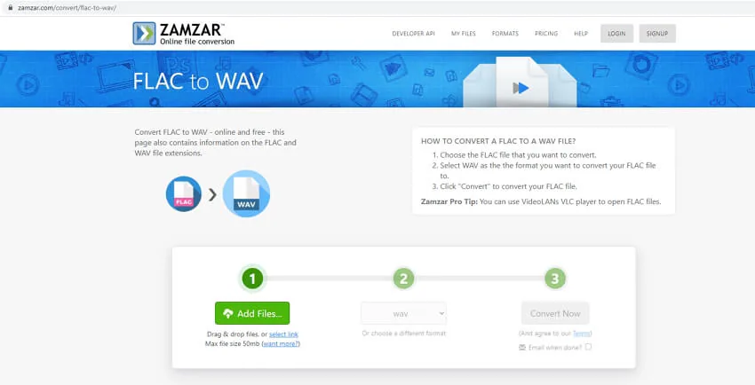 Convert FLAC to WAV with Zamzar