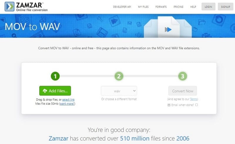 Convert WAV to MOV with Zamzar