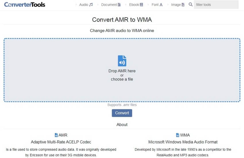 Convert AMR to WMA online with ConverterTools