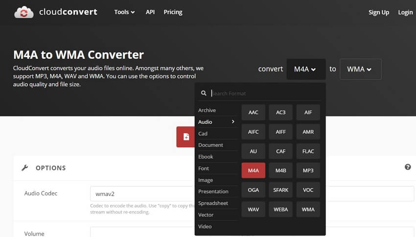 Convert M4A to WMA with CloudConvert