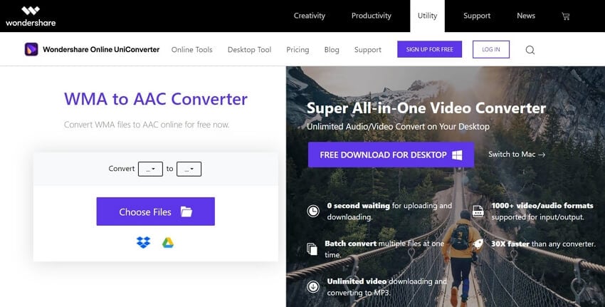 Convert WMA to AAC with Online UniConverter