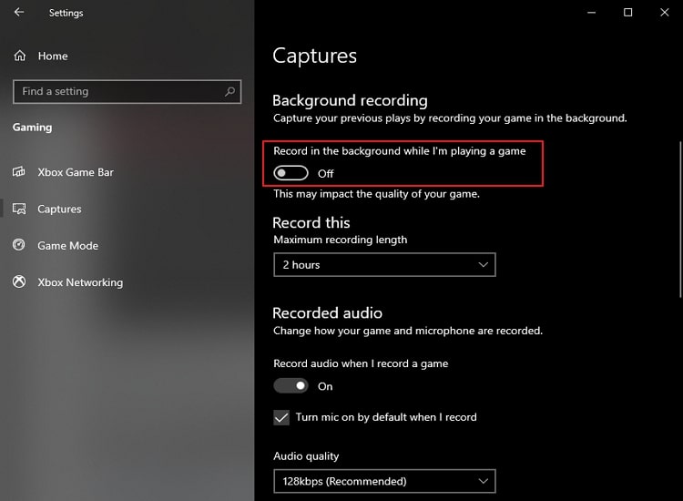 disable background recording option