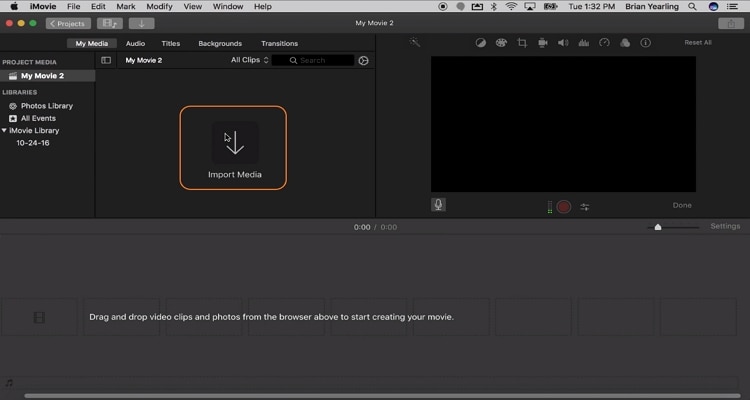 record youtube videos on mac with imovie-click import media