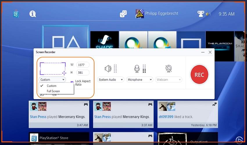 registra il gameplay di ps4 per youtube con uniconverter scegli l'area di acquisizione