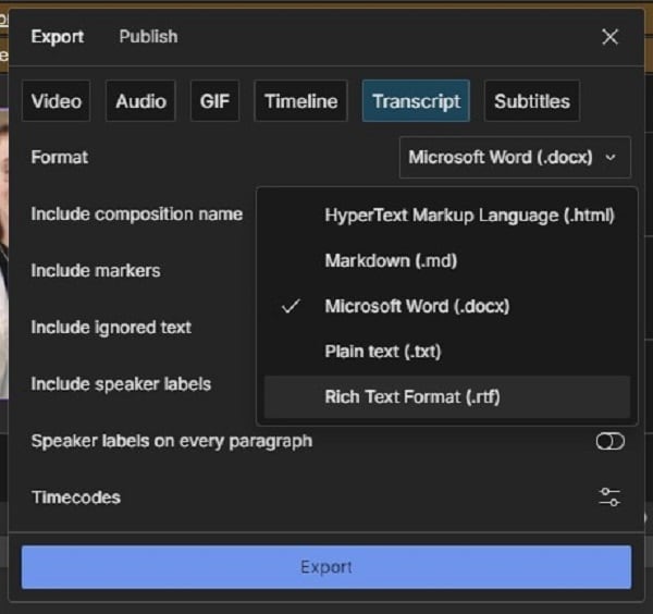 select file format for transcription