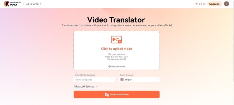 virbo video translator online interface