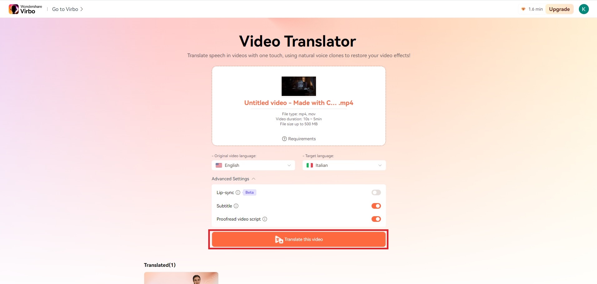 translate the video button