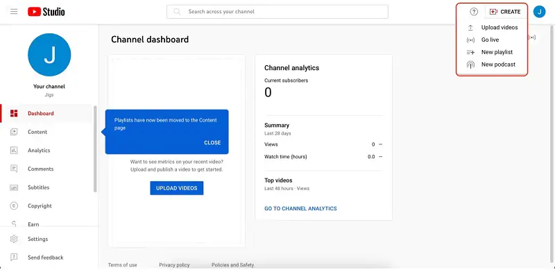 youtube studio dashboard