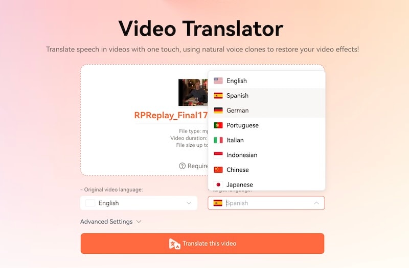 select target translation language