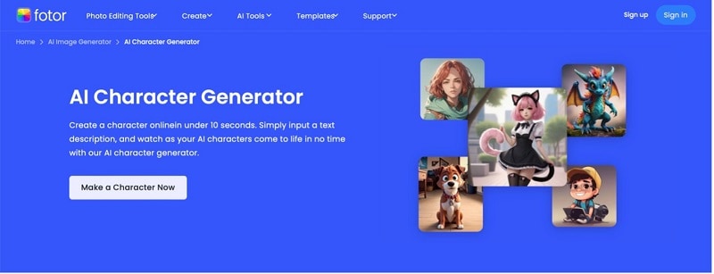 fotor ai character generator page