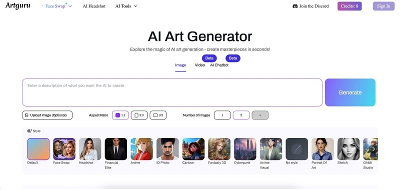 artguru art generator page