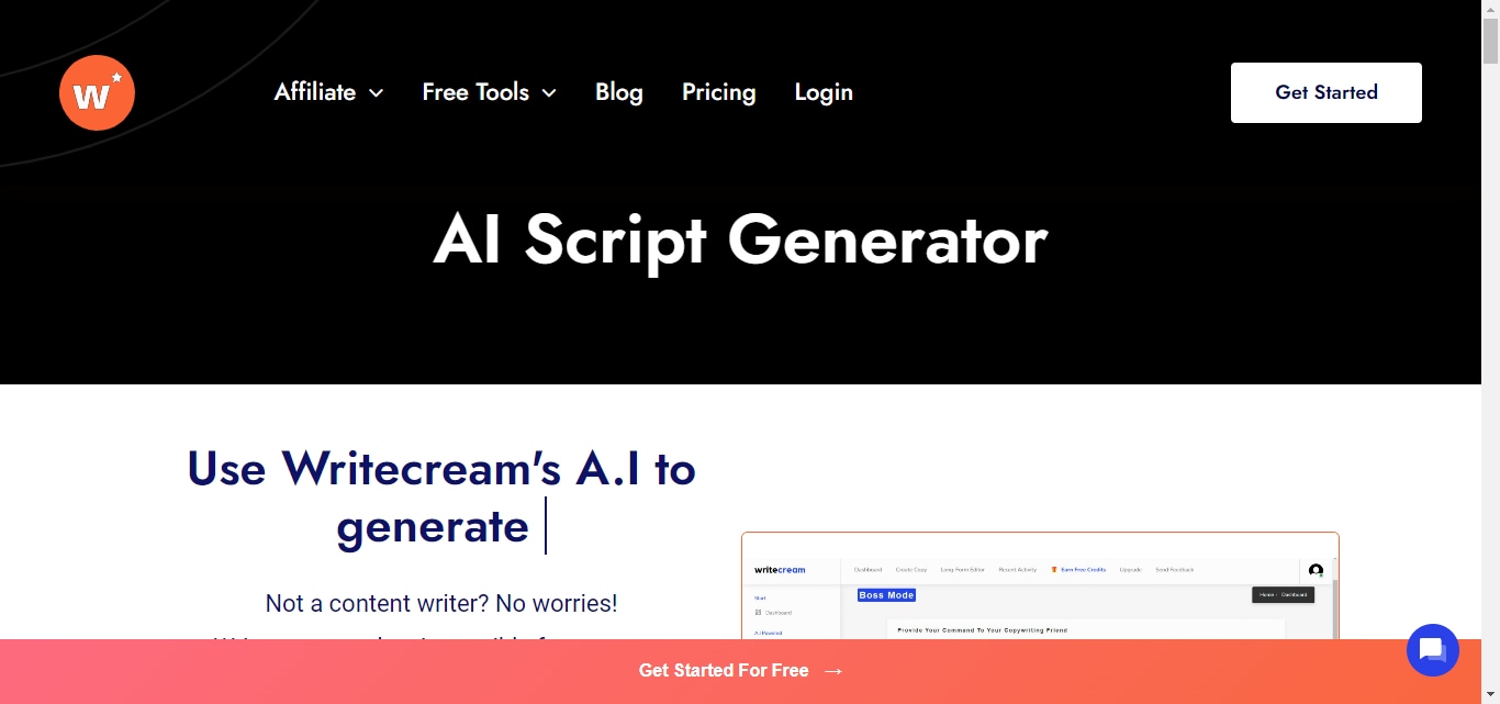 webpage of writecream script generator.