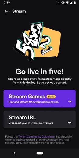 Twitch streaming on smartphone