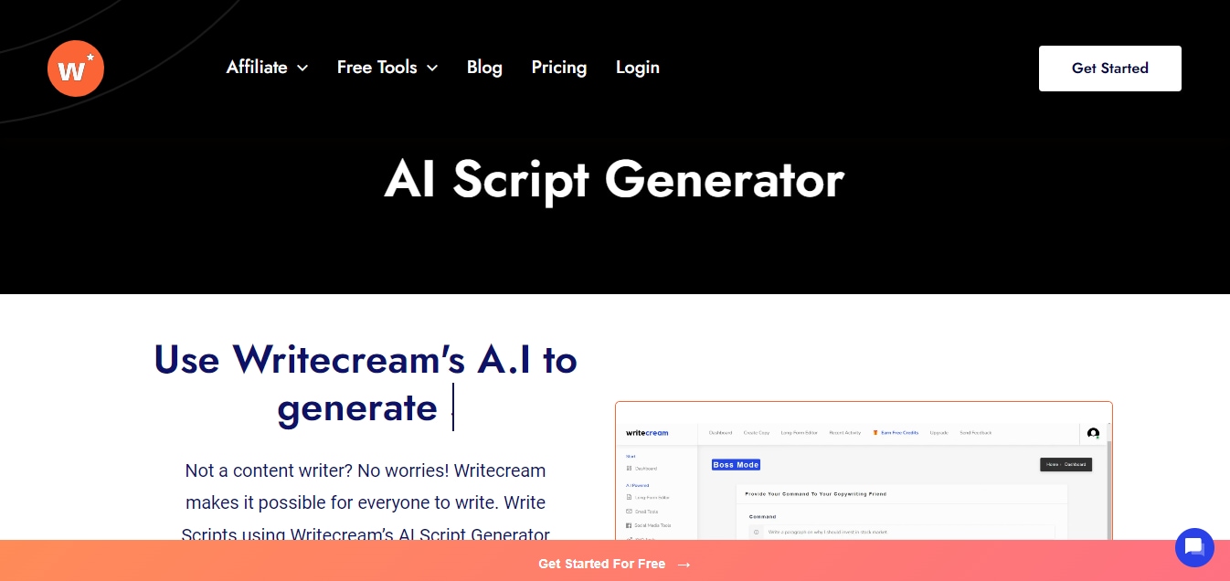 writecream ai script generator webpage