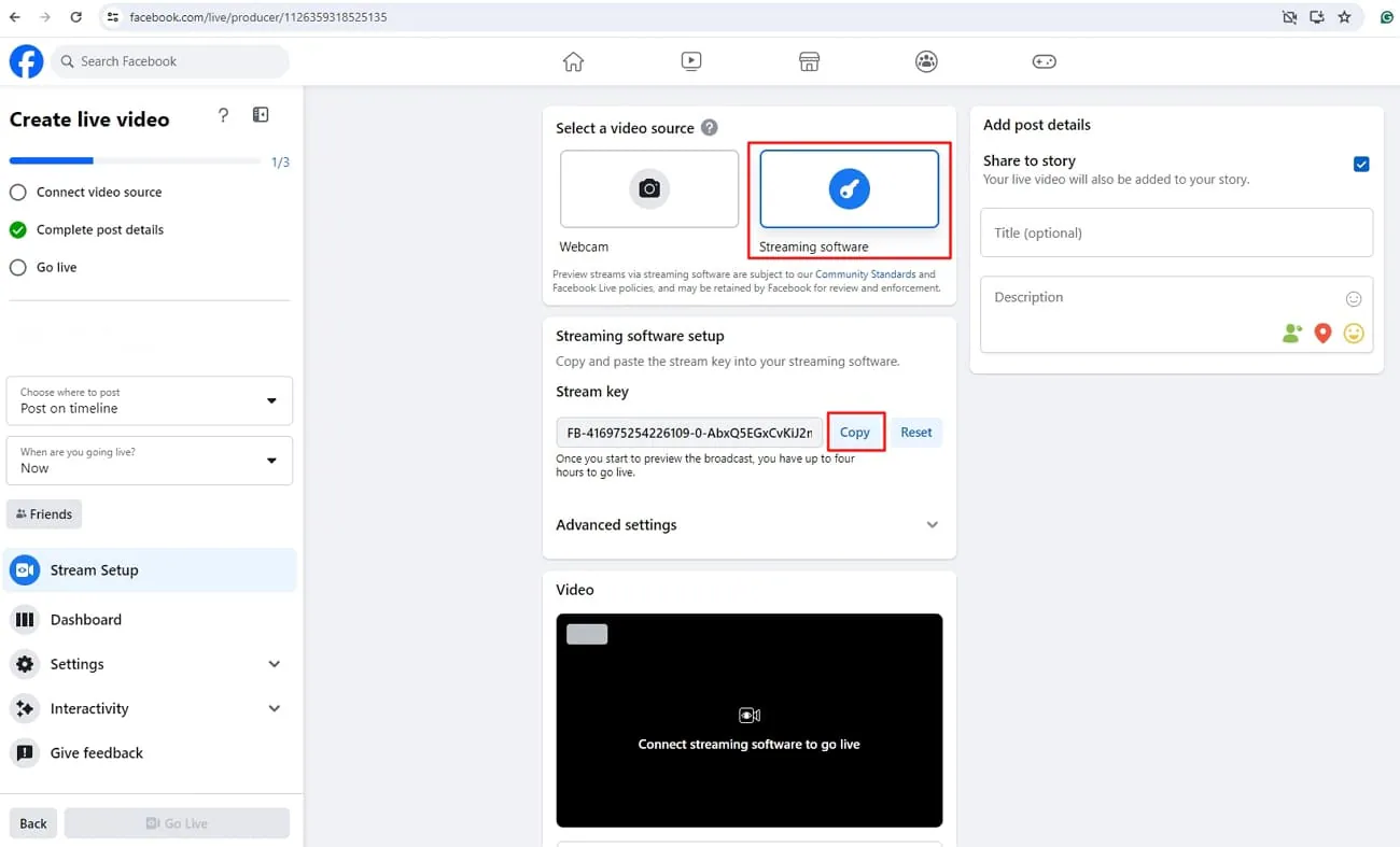 copy streaming key from facebook