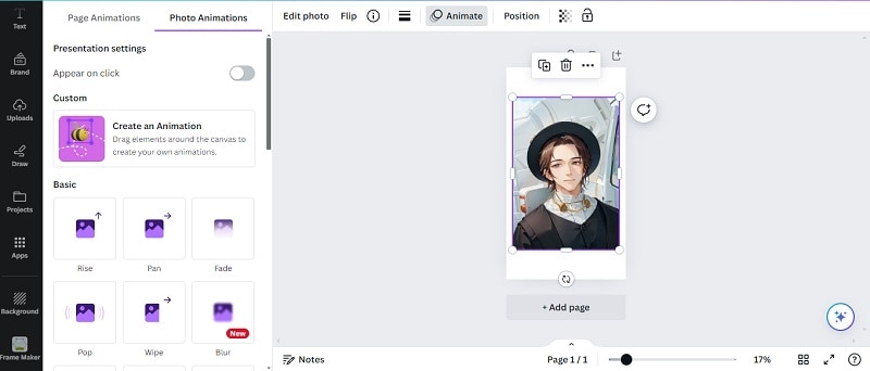 various options in animate photo tools in canva