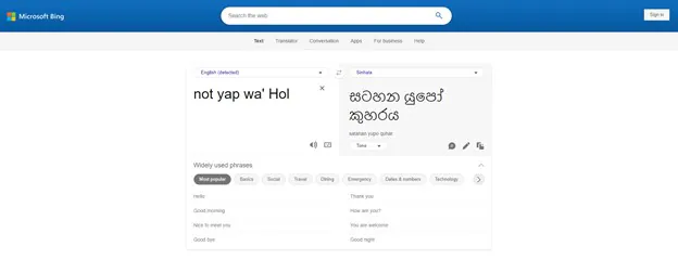 a screenshot of bing translator’s homepage