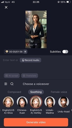 enter text or record audio and choose a voiceover on virbo talking mobile app