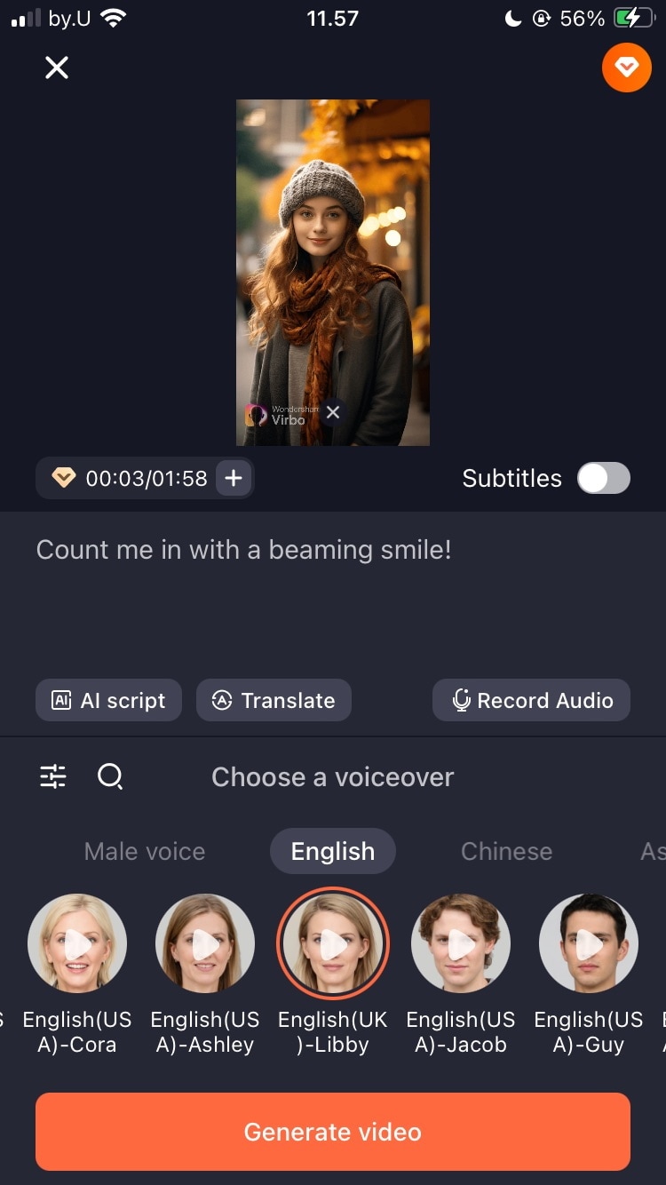 choose a voiceover on virbo photo talking feature