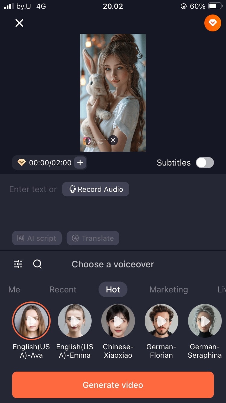 enter text or record audio to virbo talking photo mobile app