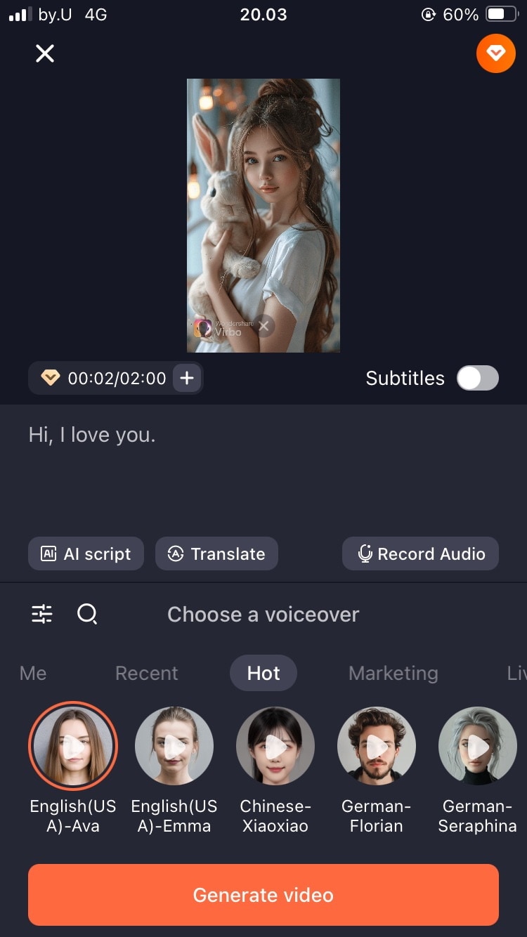 choose a voiceover in virbo talking photo mobile app