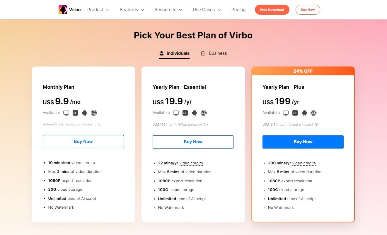 a screenshot of virbo’s pricing plans